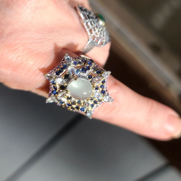 INCREDIBLE Aquamarine Sapphire & Amethyst Sterling Spiderweb 🕸 ring sz8.5 - Picture 6 of 13